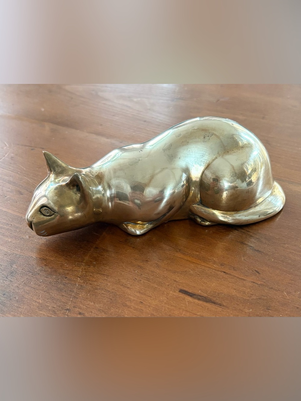 Vintage Crouching Cat Brass Cat Figurine MCM 7.5” Long  3” Tall
